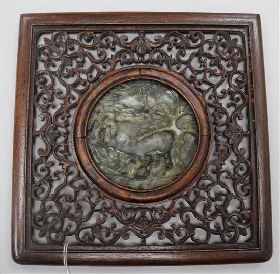 A Chinese rosewood framed soapstone plaque